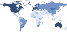 odhadovaná incidence nádorových onemocnění na 100 000 obyvatel: kliknutím obrázek zvětšíta (zdroj: GLOBOCAN 2008)