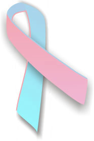 the pink and blue ribbon is used for awareness of male breast cancer (source: Wikimedia Commons)