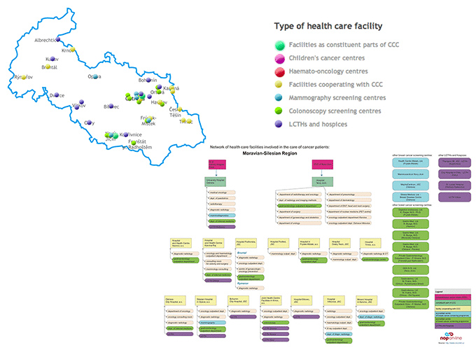 schematic representation of relations among facilities providing cancer care in a given region (example)